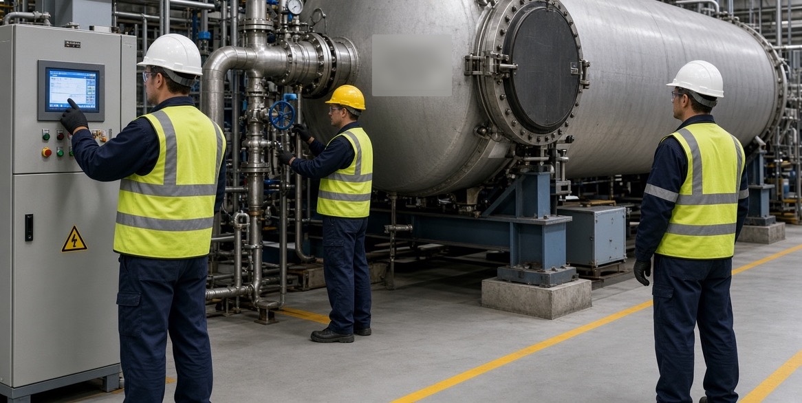 Operarios junto a un reactor de pirólisis batch